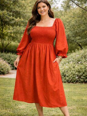 She and Sky smocked rust orange midi dress; 1X